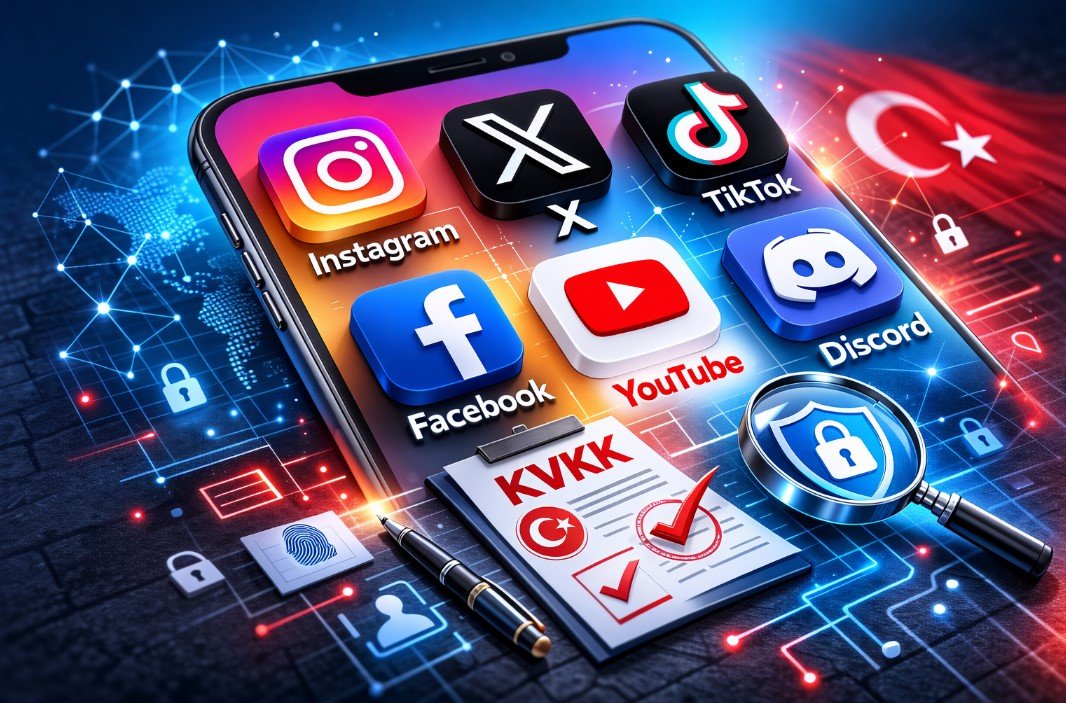 KVKK tarafından Instagram, X, TikTok ve Discord&rsquo;a başlatılan incelemeyi temsil eden dijital g&uuml;venlik ill&uuml;strasyonu